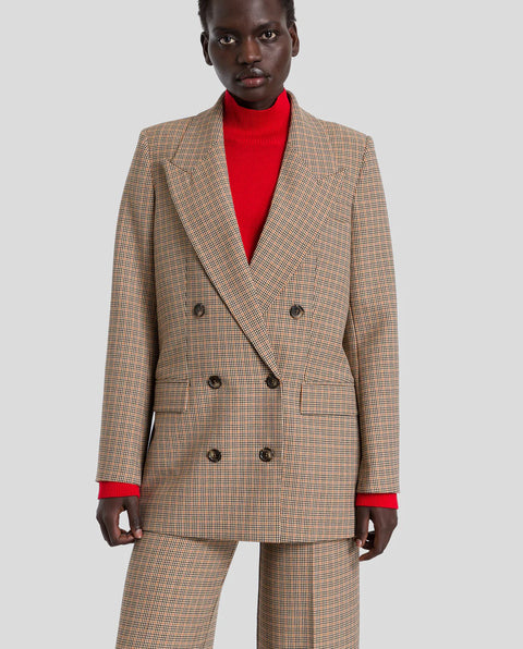 Beige Double-breasted Check Blazer