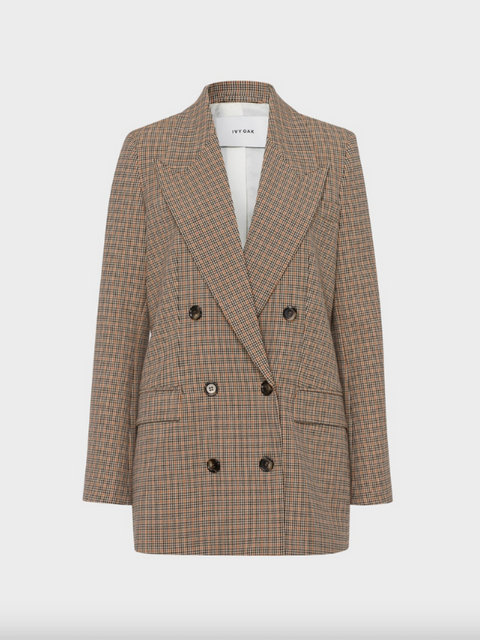 Beige Double-breasted Check Blazer